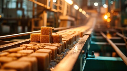 The production of new goods of refined brawn sugar Cubes at the factory, utilizing modern technologies to enhance efficiency and quality. - obrazy, fototapety, plakaty