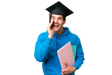 Young university graduate man over isolated background shouting with mouth wide open