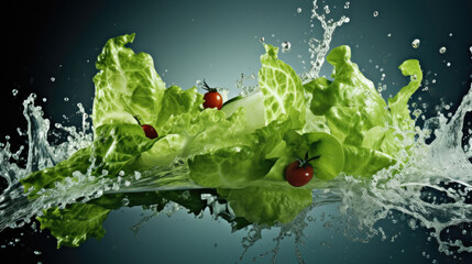 Smooth Fresh organic raw Lettuce green leaf Vegetables falling into water and splashes created with Generative AI Technology
