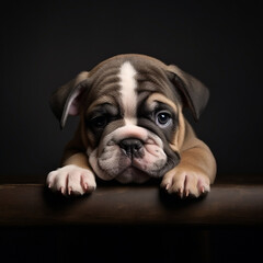 small english bulldog puppy in a dark room