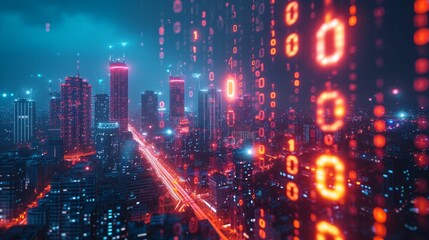 Digital transformation in business, abstract imagery of binary codes seamlessly integrating into a modern city skyline
