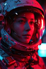 A female astronaut's portrait, her face reflected in the visor of her helmet under red ambient lighting