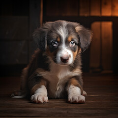 little Aussie puppy in a dark room