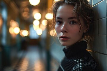 captivating woman in a turtleneck sweater stands in a corridor bathed in the warm glow of string lights - obrazy, fototapety, plakaty