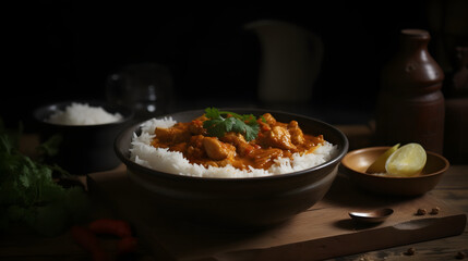 side view of traditional fresh curry with rice fill in the white plate and garnish with green leaf with aesthetic background