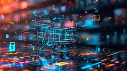 E-commerce and online shopping, abstract digital shopping cart overflowing with various 3D icons - obrazy, fototapety, plakaty