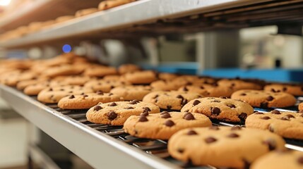 Production of bakery products at the plant using modern technologies, Cookies. - obrazy, fototapety, plakaty