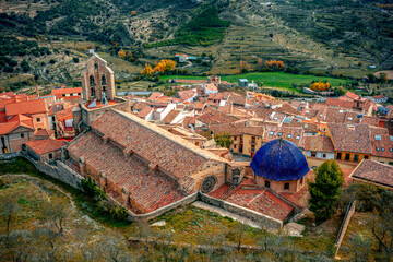 View from the castle of the old town of Morella, walled and medieval city of Castellón, Valencian...