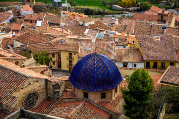 View from the castle of the old town of Morella, medieval walled city of Castellón, Valencian...