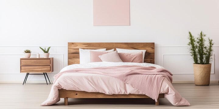 Large bedroom with wooden decorations, pink bedding, and white walls.
