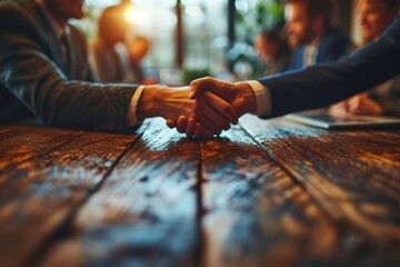 Two professionals engaging in a firm handshake over a wooden table, with warm sunset light in the background - obrazy, fototapety, plakaty