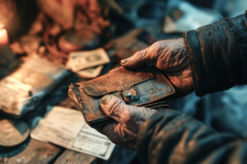 Old Hands Holding a Weathered Wallet and Papers - obrazy, fototapety, plakaty
