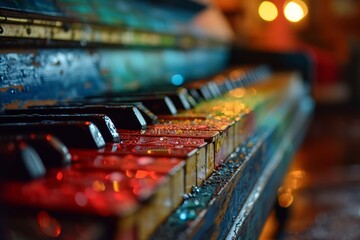  close-up shot of the colorful, worn piano keys showing their age and history