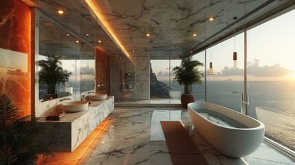 Opulent bathroom featuring marble interiors and a freestanding tub overlooking the ocean - obrazy, fototapety, plakaty