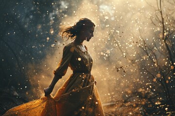 A mystical scene of a woman in a golden dress dancing in a forest, surrounded by sparkling particles