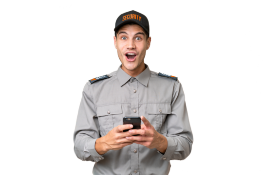 Young security man over isolated background surprised and sending a message