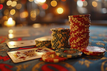 Stacks of colorful poker chips and royal flush playing cards on a casino table with bokeh lights in the background