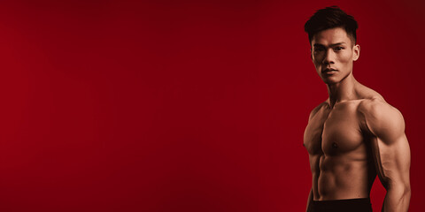 Sculpted Confidence: Handsome Asian Male Model Flaunting Muscles on Red Studio Background