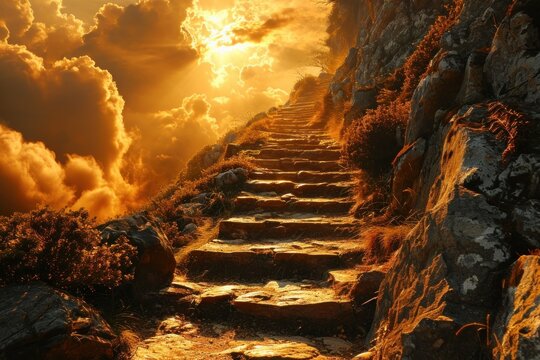Stone steps ascending a mountain side, bathed in the dramatic, golden light of a cloud-filled sunset