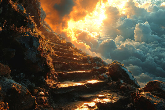 Concept of religion. Stairs to heaven in which believers and Christianity have faith. Afterlife