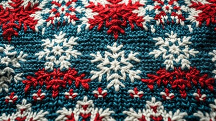 Knitted Christmas and New Year wool pattern. Christmas joys with knitted snowflakes. Close-up of Sweater Design.