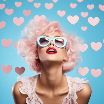 Whimsical Valentine's Bliss: Young Woman Surrounded by Pastel Hearts - Ideal for Romantic Advertisements