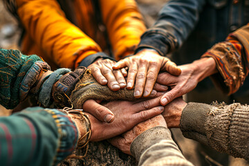  close-up of diverse hands united together, symbolizing teamwork and unity in an autumn setting