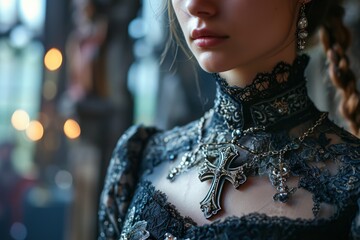 Celebrating Valentine's in gothic style, a young woman captivates with her necklace and beauty. Her look combines sensuality, glamour, and femininity, with a romantic and seductive touch in her brunet