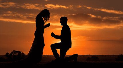 Fototapeta na wymiar Engagement Bliss: Kneeling Couple in Sunset Silhouette