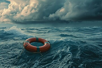 Life buoy on the sea. Safety buoy in the midst of stormy seas. Emergency rescue equipment - obrazy, fototapety, plakaty