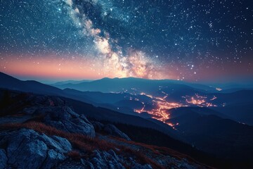 Fototapeta premium Starry Night Over Mountainous Landscape at Dusk
