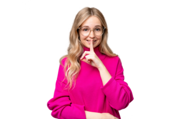 Young English woman over isolated background showing a sign of silence gesture putting finger in mouth