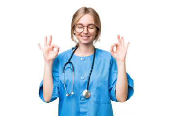 Young nurse English woman over isolated background in zen pose