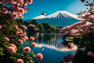 The breathtaking Mount Fuji stands majestically over a serene lake, surrounded by vibrant flowers and lush trees 