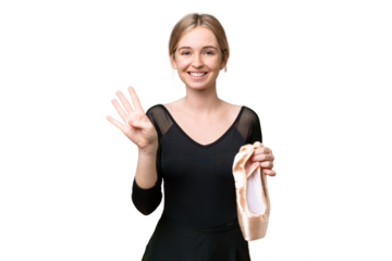 Young English woman practicing ballet over isolated background happy and counting four with fingers