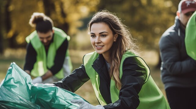 Young woman cleaning-up public park or forest of plastic garbage, Volunteers with garbage bags clean up in park. Green and clean nature, avoid pollution, be friendly to the environment, generative ai