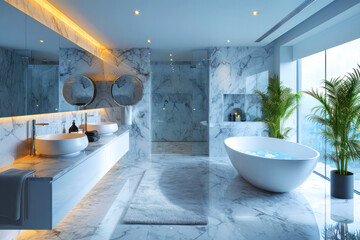 Estate grandeur in a real estate gem, the bathroom boasts a luxury bathtub; elegant and contemporary comfort defines the apartment hotel - obrazy, fototapety, plakaty