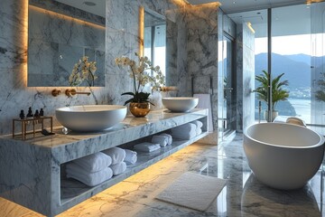 Bathroom exudes luxury and comfort in an elegant hotel, the contemporary apartment's bathtub gleaming, a symbol of exclusive real estate estat