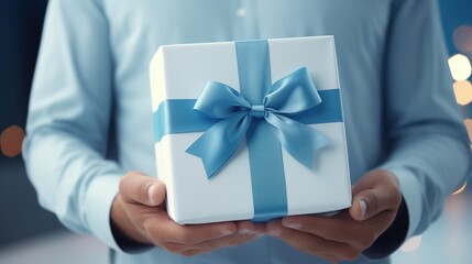 Close up - Hands of businessman in blue shirt holding gift box. Business concept, generative ai