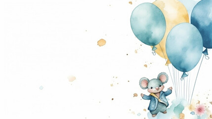 copy space, birthday card in watercolor style, pastel blue colors and golden glitters, sweet boyish mouse holding balloons. Cute birth announcement card. Template voor birth cards, cute baby announcem - obrazy, fototapety, plakaty