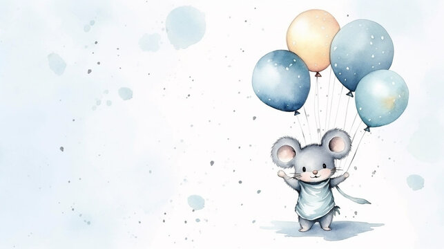 Fototapeta copy space, birthday card in watercolor style, pastel blue colors and golden glitters, sweet boyish mouse holding balloons. Cute birth announcement card. Template voor birth cards, cute baby announcem