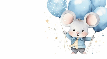 copy space, birthday card in watercolor style, pastel blue colors and golden glitters, sweet boyish mouse holding balloons. Cute birth announcement card. Template voor birth cards, cute baby announcem