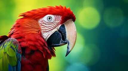 Colorful of Amazon red macaw parrot against jungle. AI Generative.