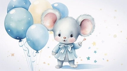 copy space, birthday card in watercolor style, pastel blue colors and golden glitters, sweet boyish mouse holding balloons. Cute birth announcement card. Template voor birth cards, cute baby announcem