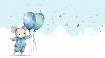 copy space, birthday card in watercolor style, pastel blue colors and golden glitters, sweet boyish mouse holding balloons. Cute birth announcement card. Template voor birth cards, cute baby announcem