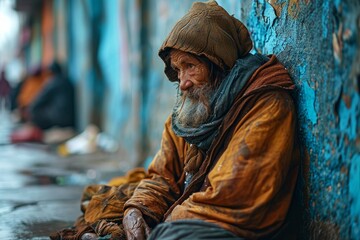 In the grip of poverty, a sad beggar sits alone, his eyes reflecting misery and hopelessness. He's a stark symbol of homelessness, loneliness, and prevailing social issues