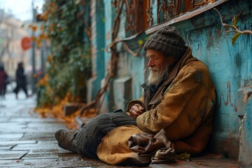 A beggar embodies despair and hopelessness on the streets, his sad eyes mirroring poverty. Surrounded by loneliness, he faces the grim reality of homelessness and social issues
