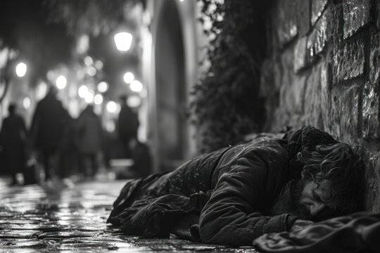 black and white image capturing a homeless individual wrapped in a blanket, sleeping on a sidewalk as life goes on around them