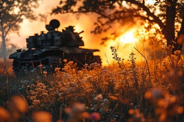 military tank is silhouetted against a fiery sunset, juxtaposing war machinery with peaceful nature