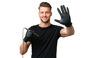 Tattoo artist caucasian man over isolated background counting five with fingers